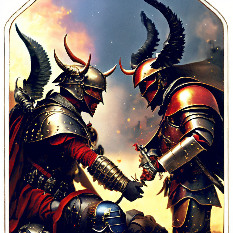 Armored warriors with horned helmets face off in fiery battlefield.