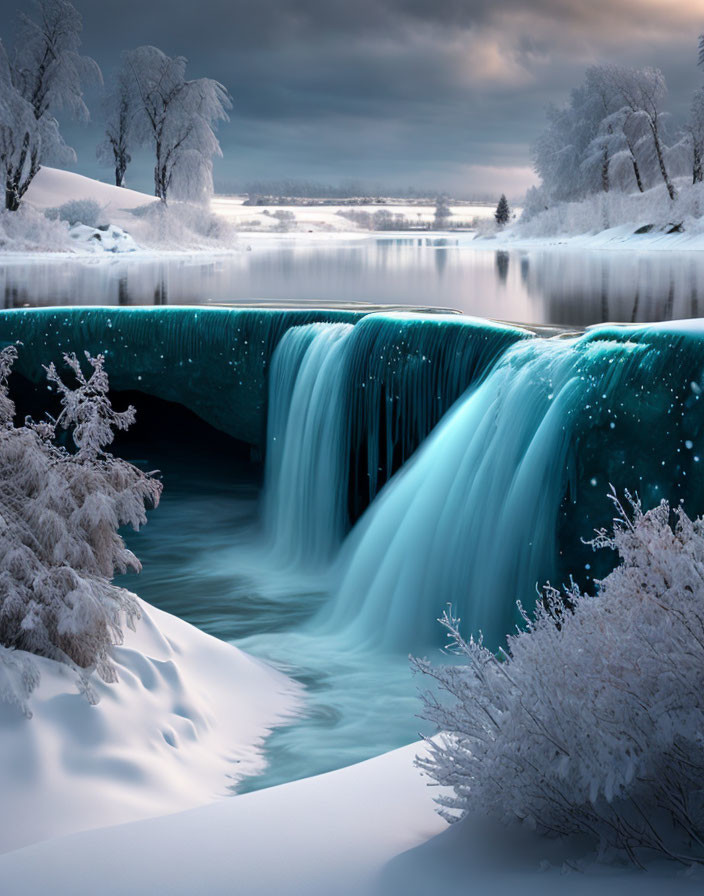 Serene winter landscape with turquoise waterfall and snow-covered trees