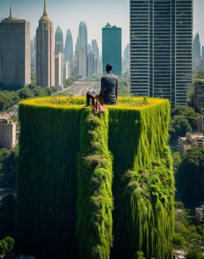 Surreal grass-covered platform overlooking cityscape and skyscrapers