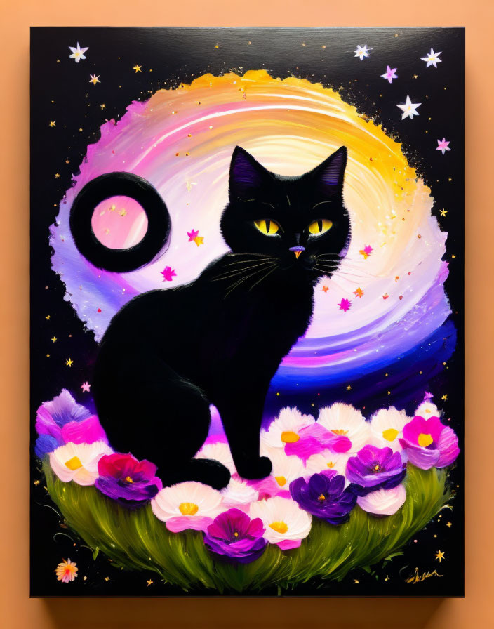 Colorful Painting of Black Cat Among Cosmic Flowers