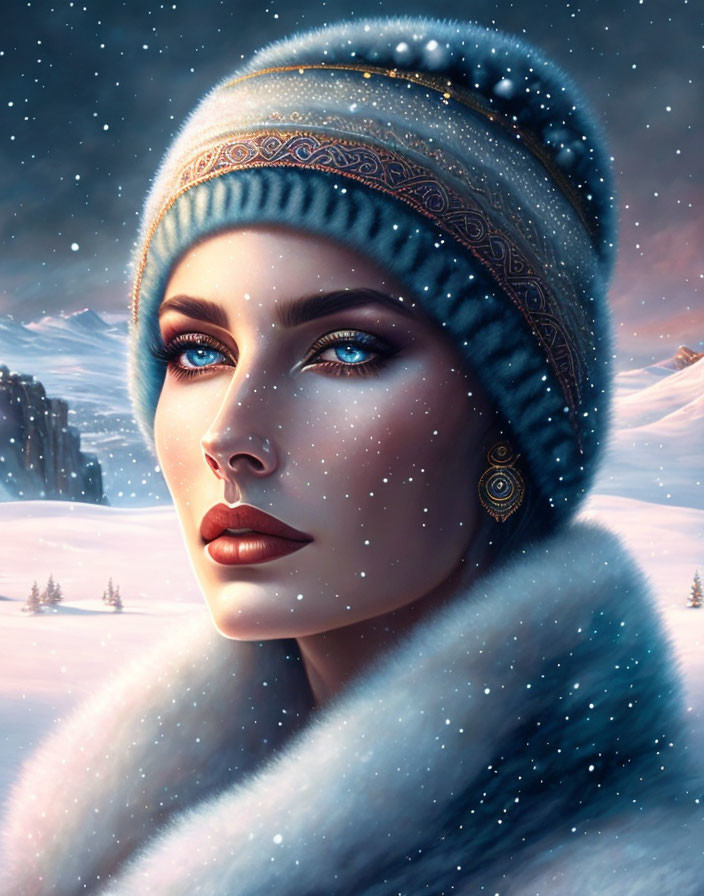 Digital artwork of woman with blue eyes in beanie and fur-lined cloak in snowy landscape