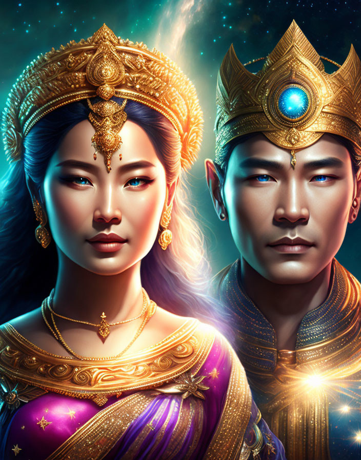 Regal fantasy couple portrait with gold crowns and cosmic elements