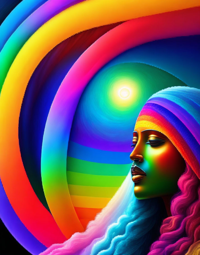 Colorful Digital Artwork: Woman with Rainbow Skin and Hair