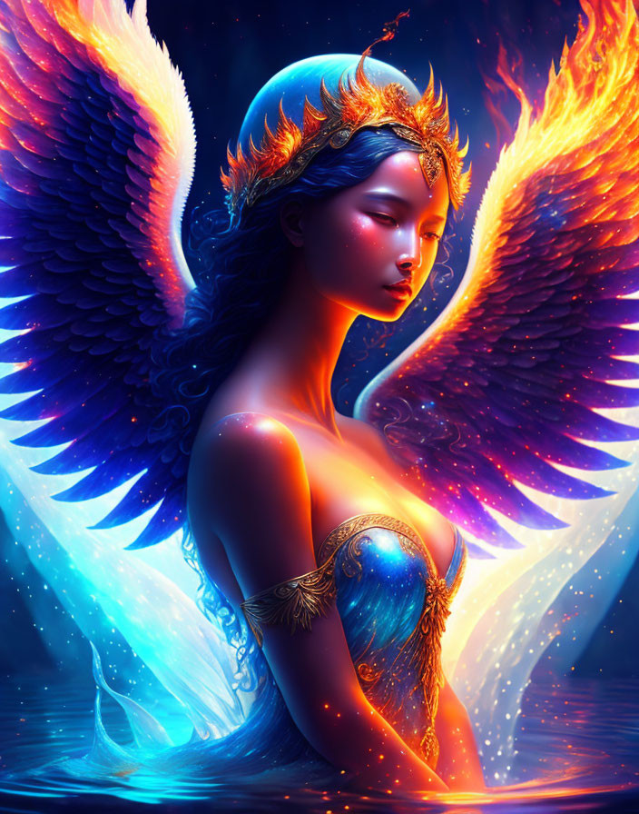 Digital Artwork: Ethereal Woman with Blue Wings and Golden Diadem