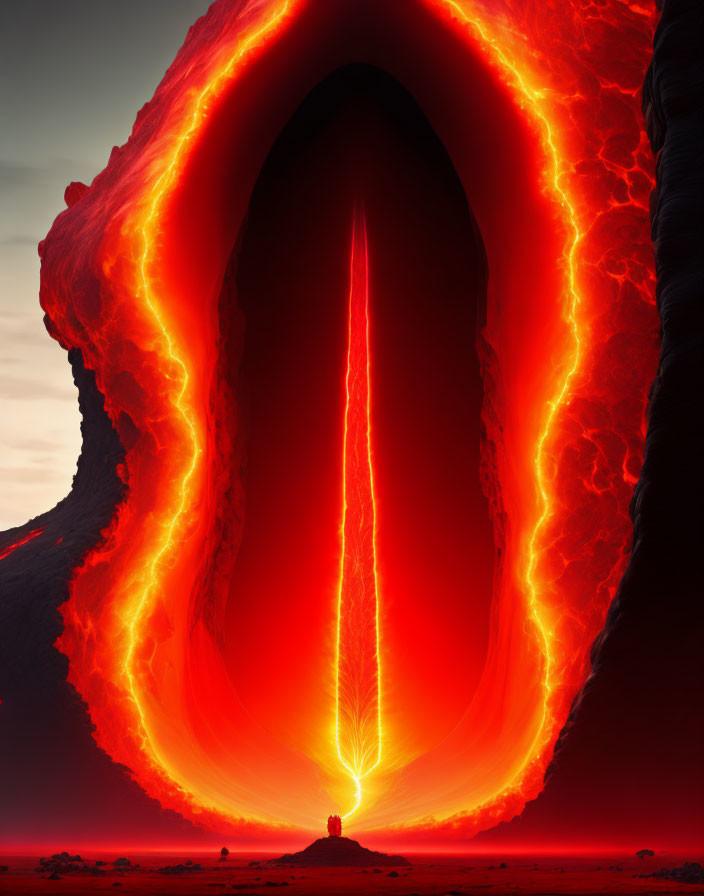 Glowing lava formation resembling open mouth with fiery interior