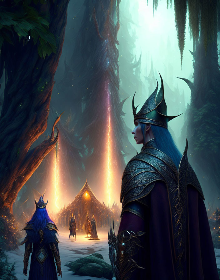 Enchanted forest scene with mystical characters in elaborate armor and ethereal glow