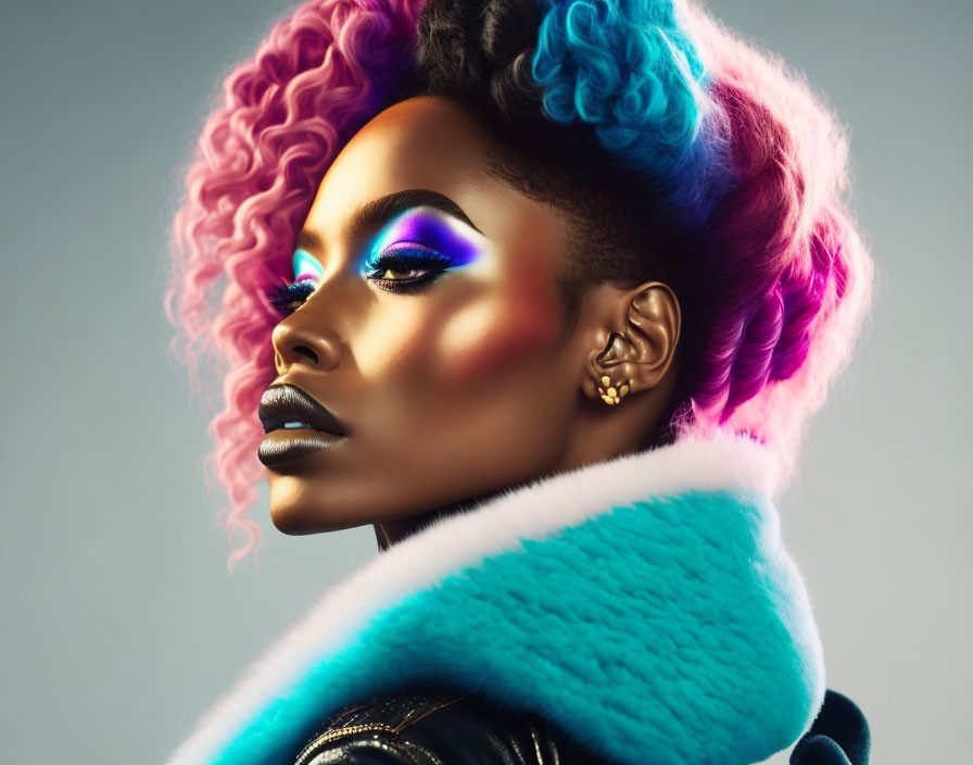 Colorful Woman with Pink and Blue Hair and Dramatic Eye Makeup