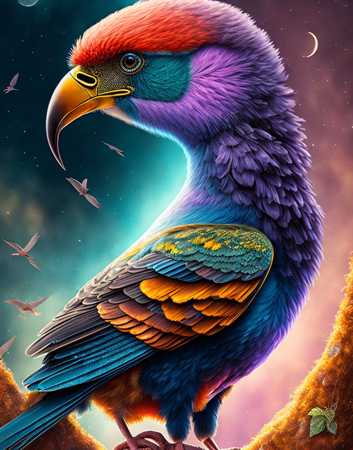 Colorful Fantastical Bird with Rainbow Plumage in Twilight Sky