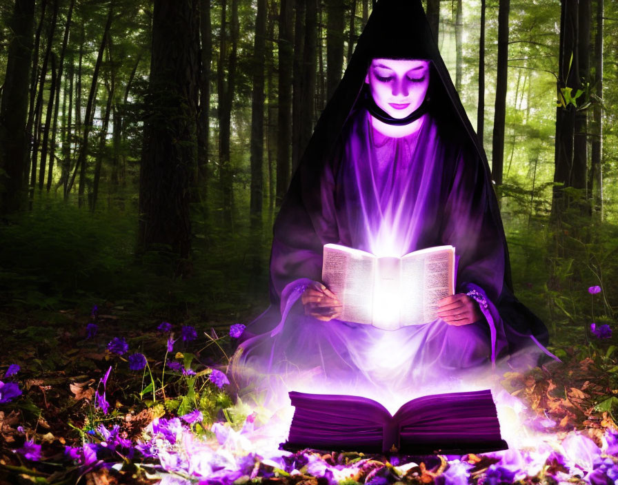 Mystical figure in black cloak reading radiant book in enchanted forest