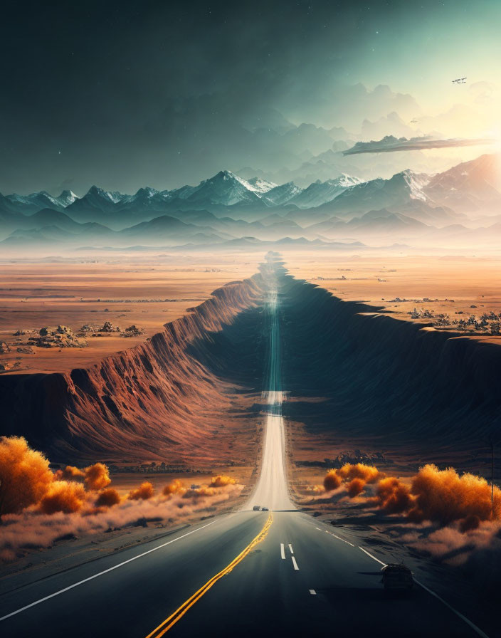 Desert road with golden bushes under dramatic sky and misty mountains