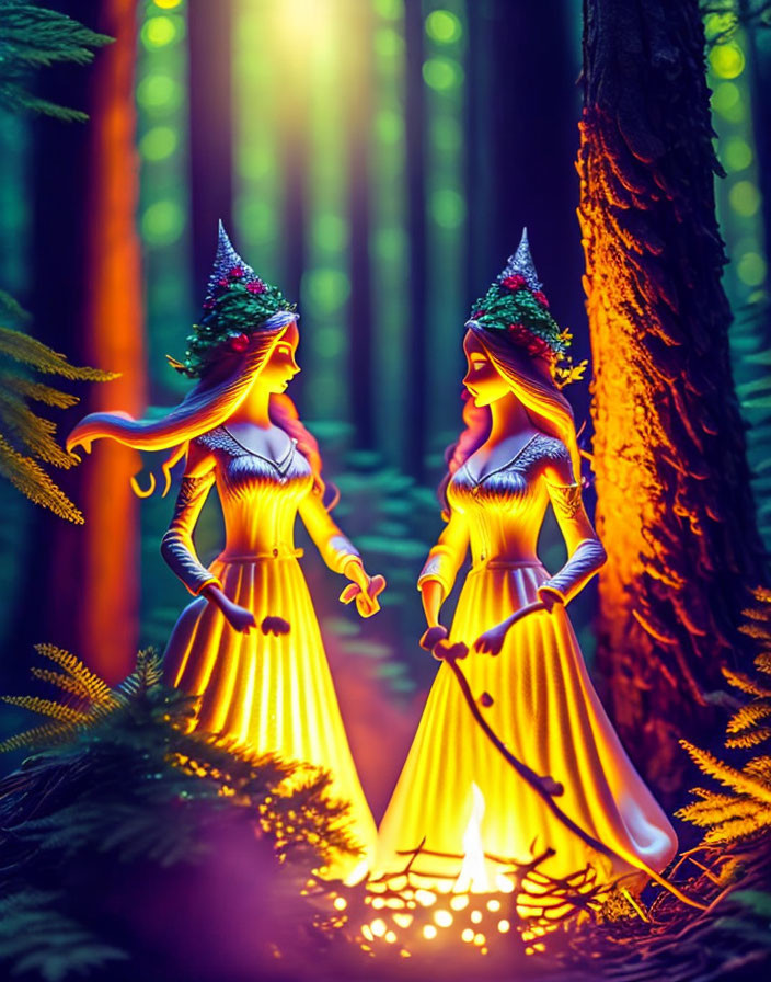 Glowing fantasy figures in tree-leaf attire in enchanted forest