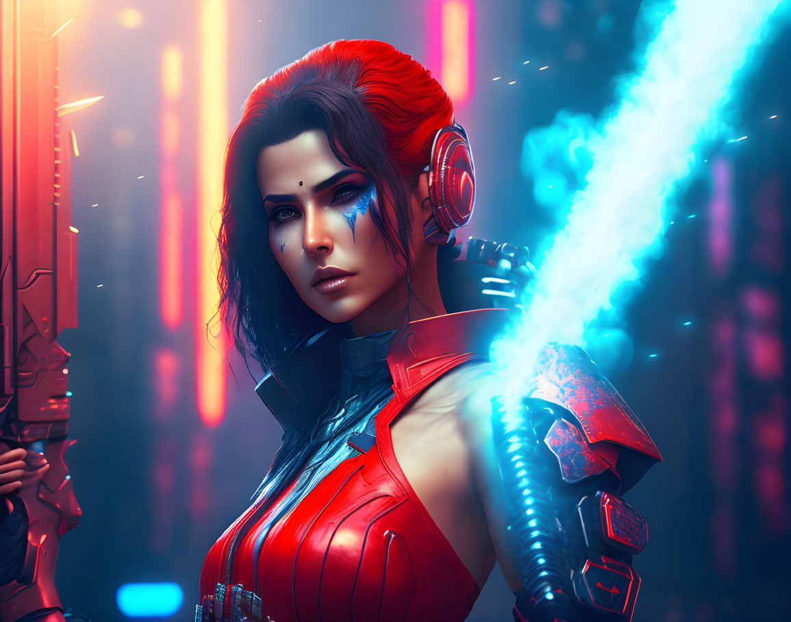 Futuristic female warrior in red armor with glowing blue visor and headphones amid neon-lit backdrop