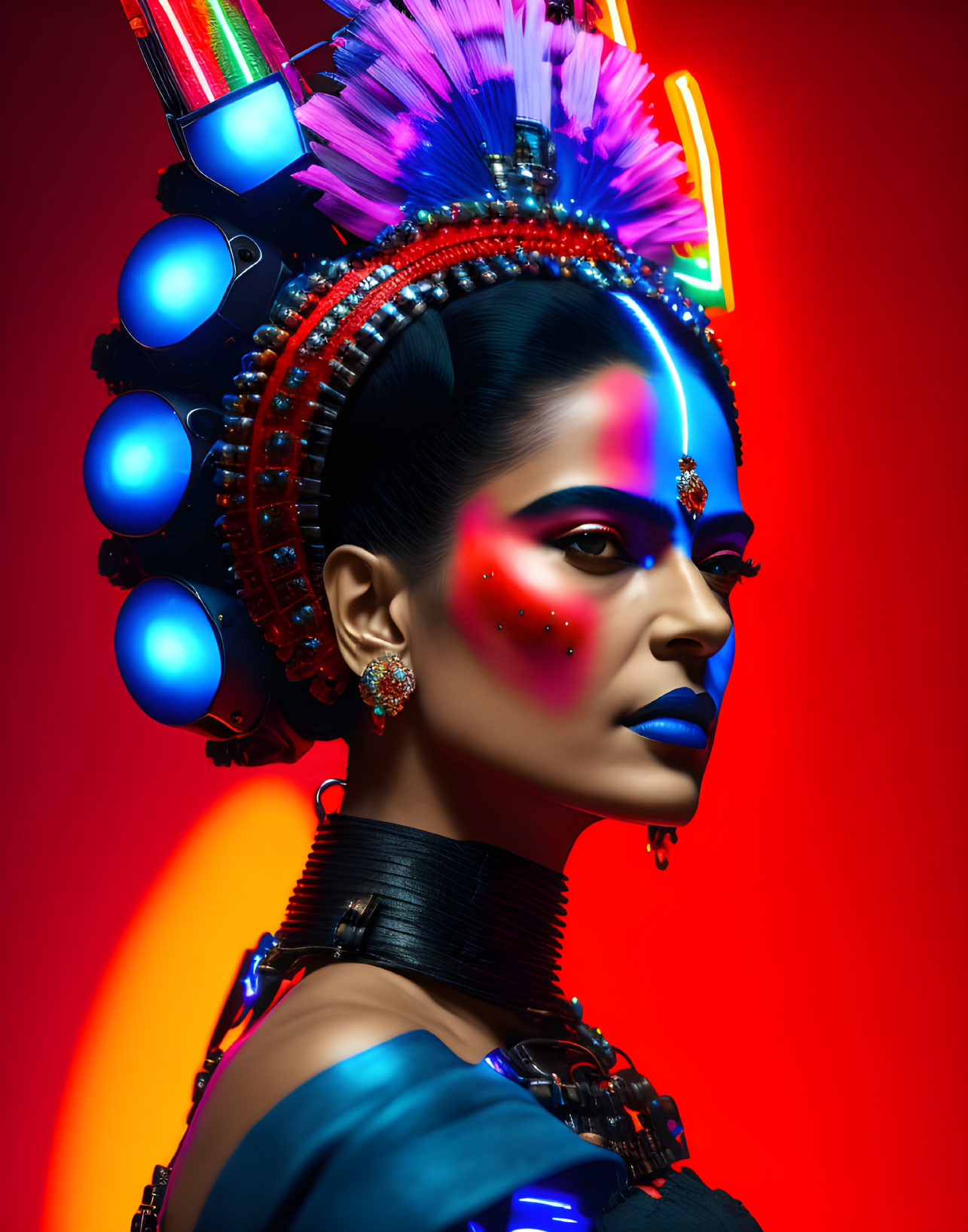 Elaborate Futuristic Headgear and Striking Makeup on Woman