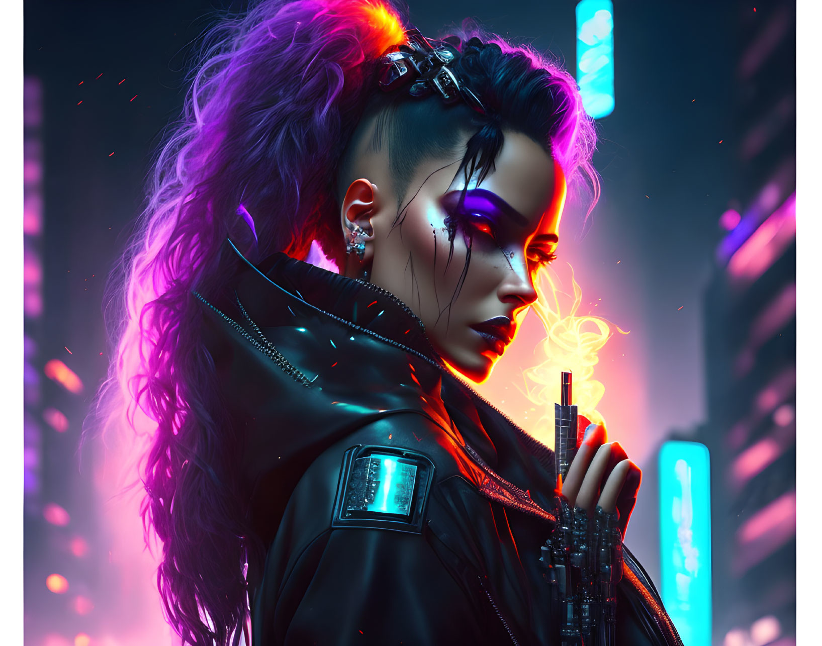 Cybernetically enhanced woman with purple hair in futuristic cityscape