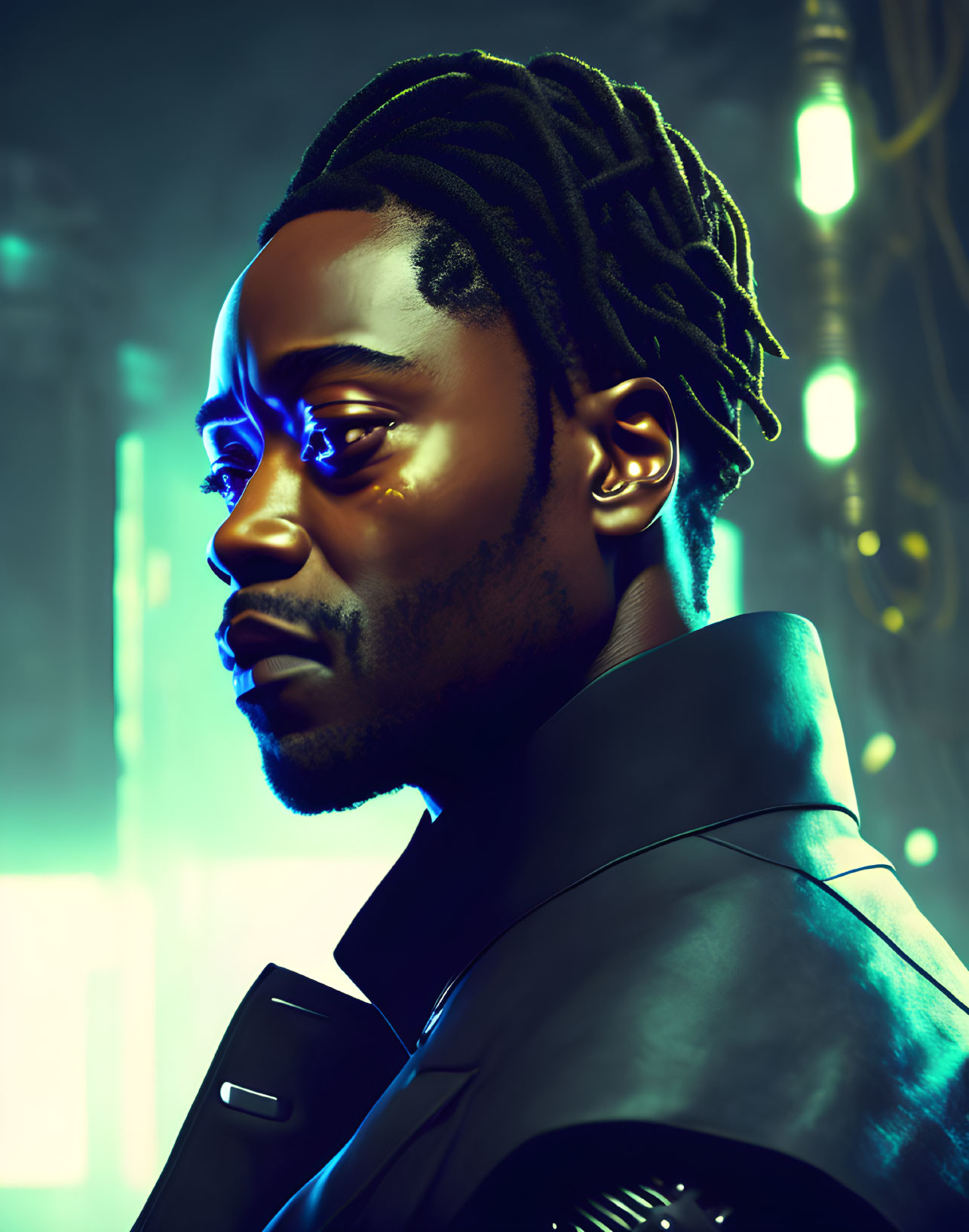 Man with Dreadlocks in Cyberpunk Digital Artwork