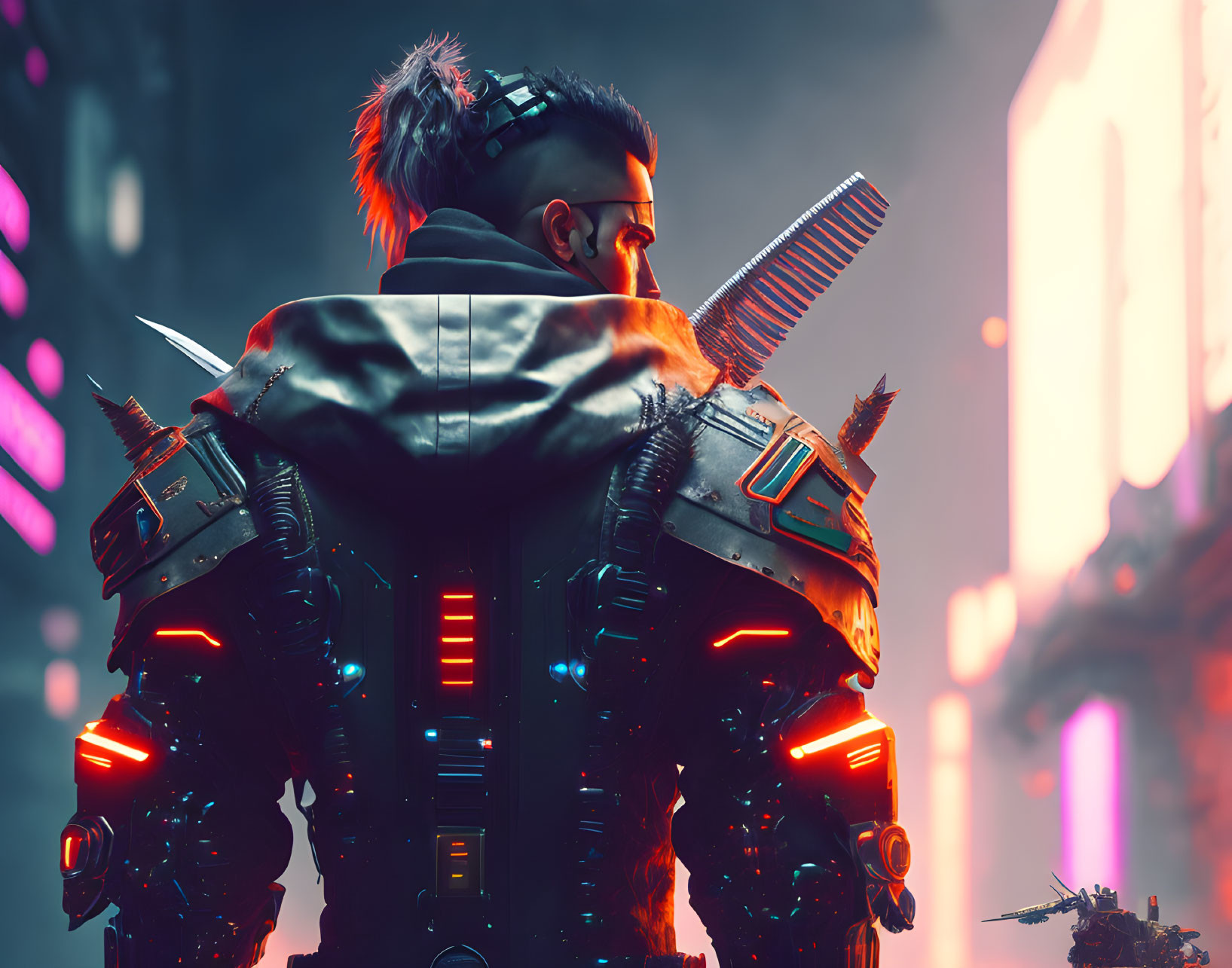 Futuristic cyberpunk character in neon-lit urban setting