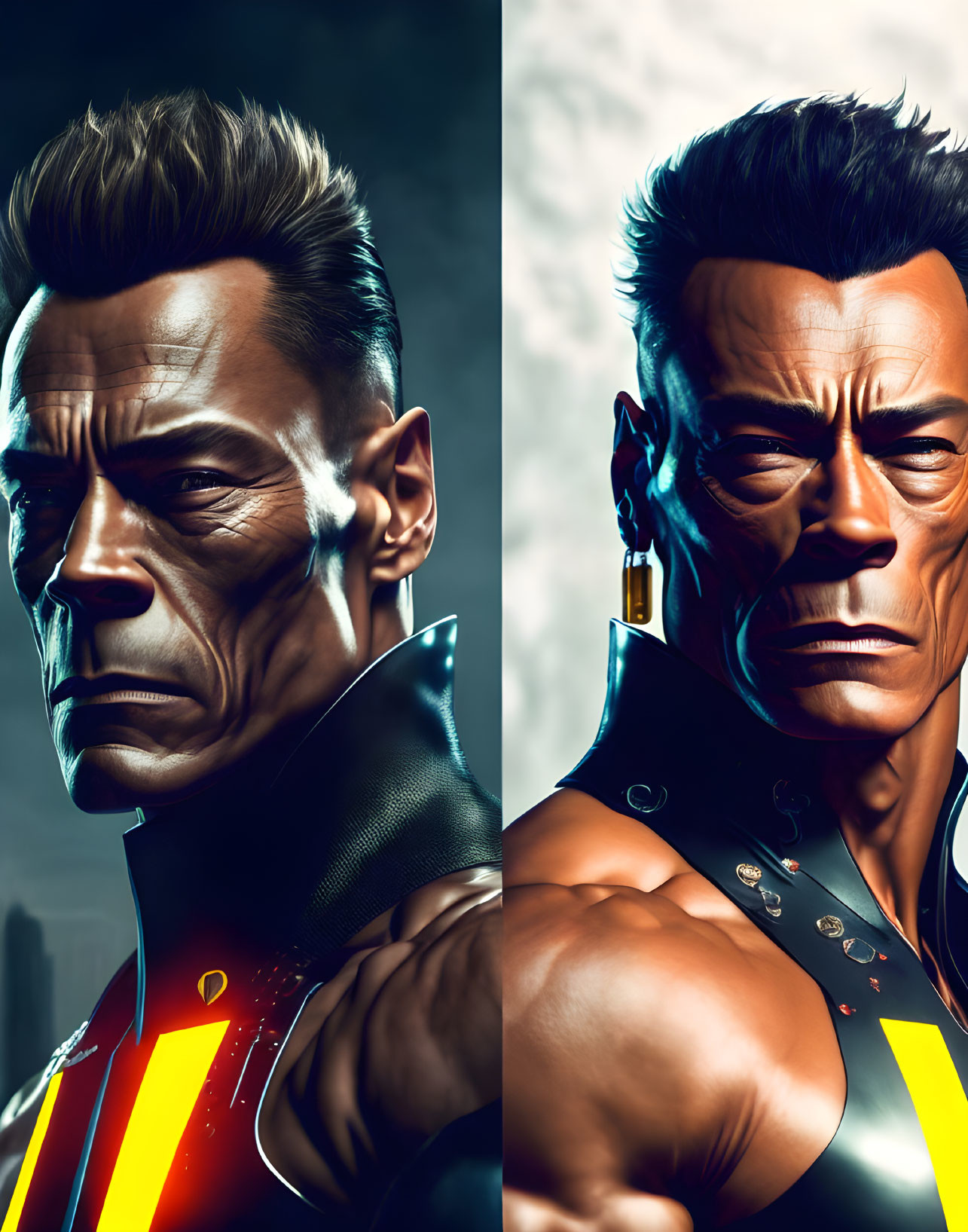 Highly-detailed split-image of stylized male figure in futuristic attire