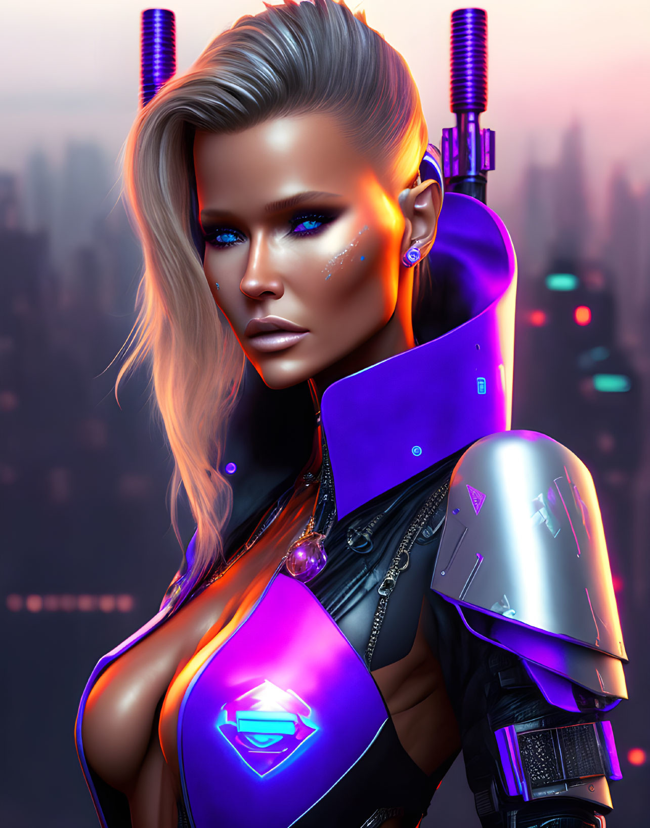 Futuristic female character with platinum blonde hair in purple armor against cityscape