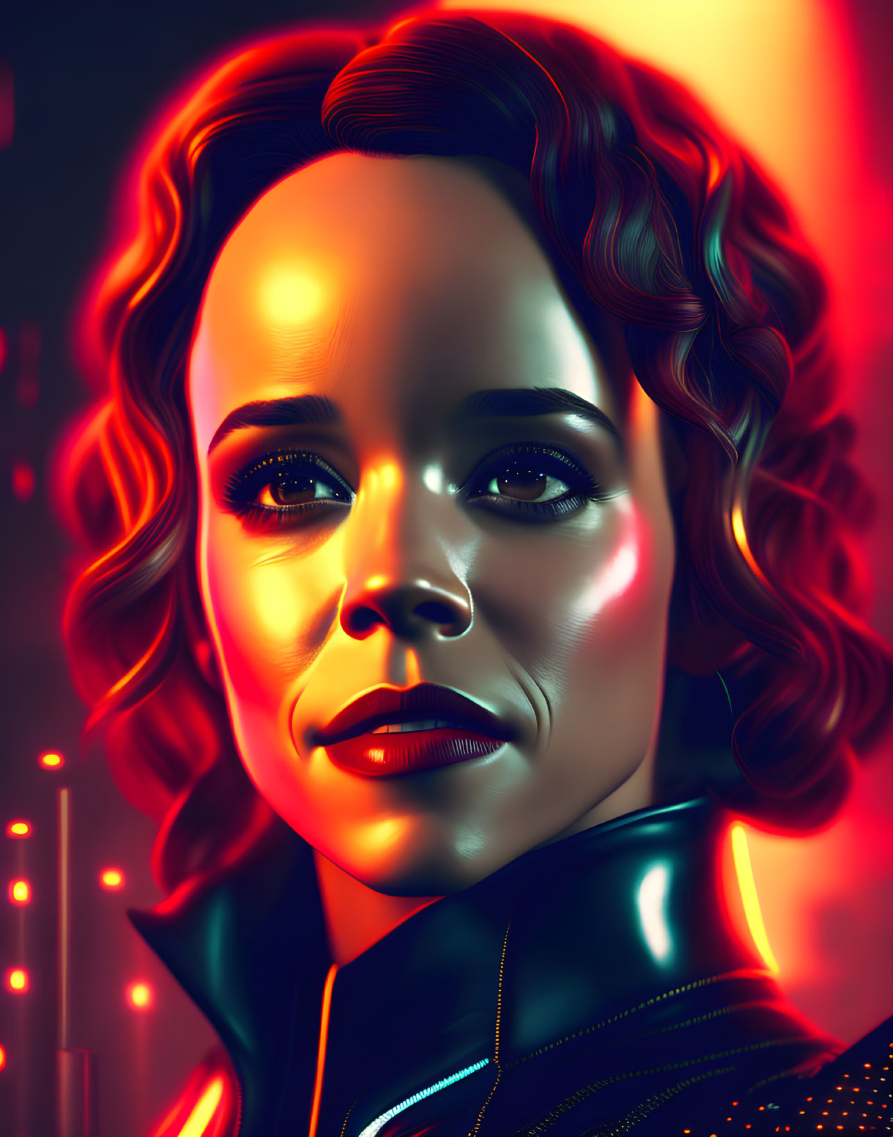 Futuristic digital artwork: Woman with curly hair in neon lights