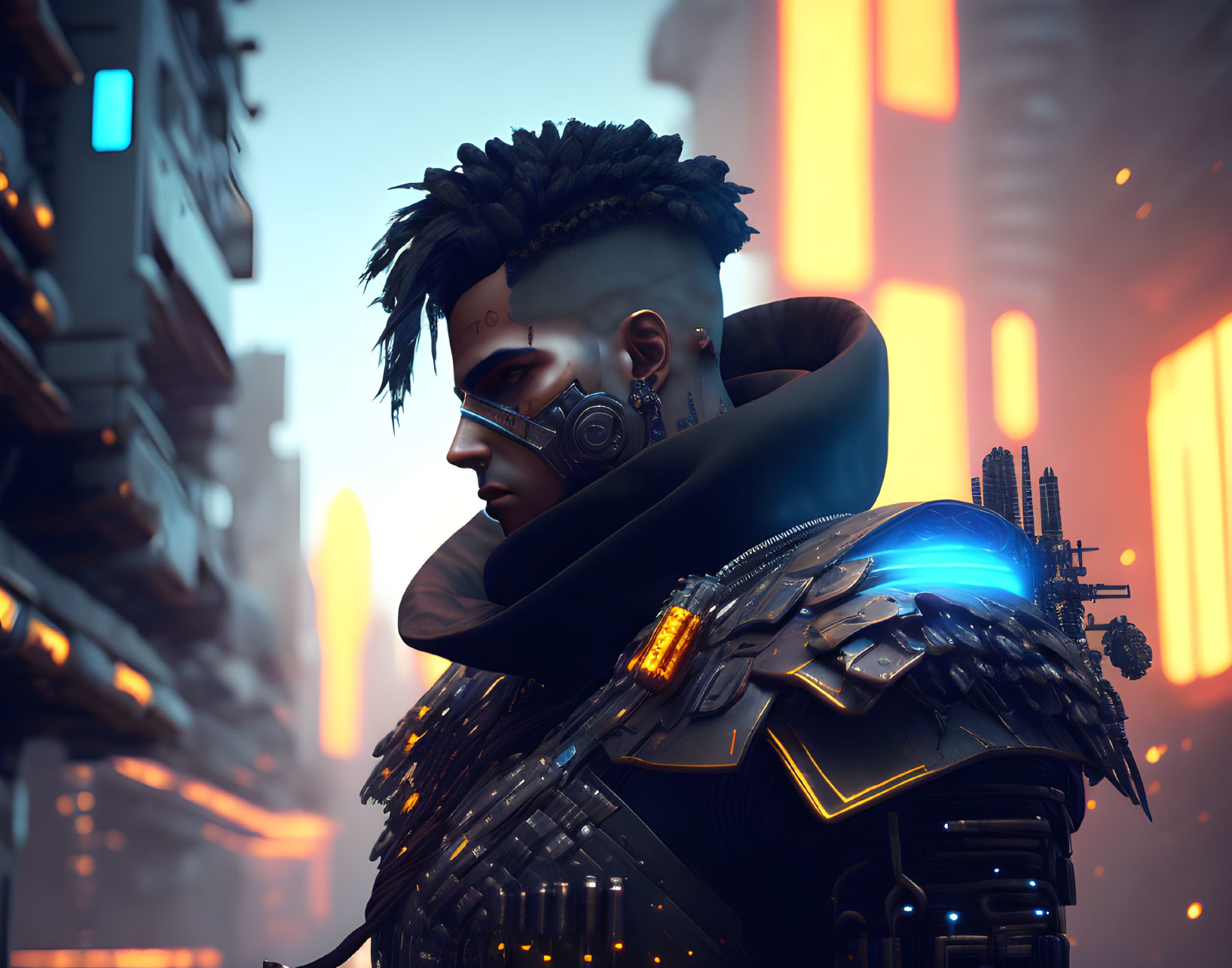 Futuristic male character with cybernetic enhancements and mohawk in neon-lit cityscape