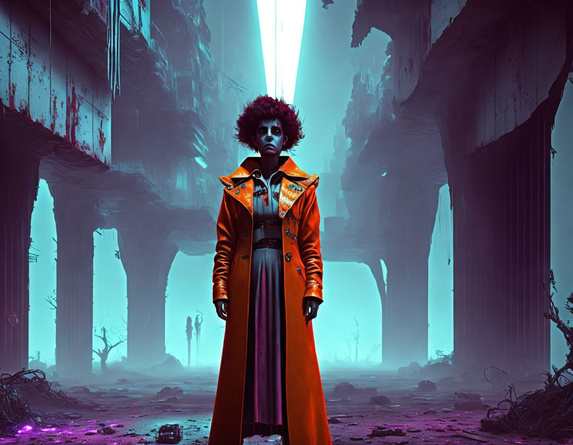 Person with Afro Hairstyle in Orange Trench Coat in Dystopian Landscape