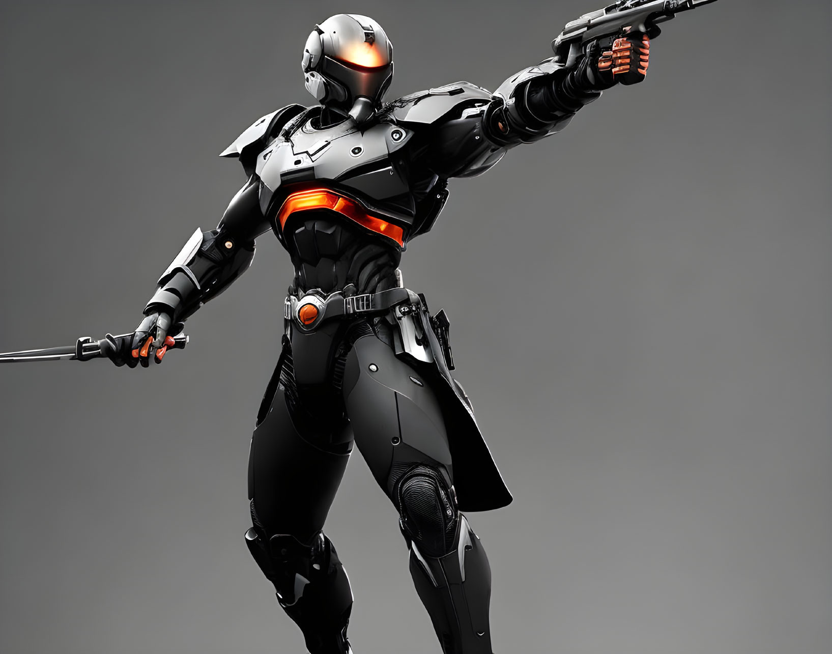 Futuristic robotic soldier in black armor with orange highlights and glowing visor