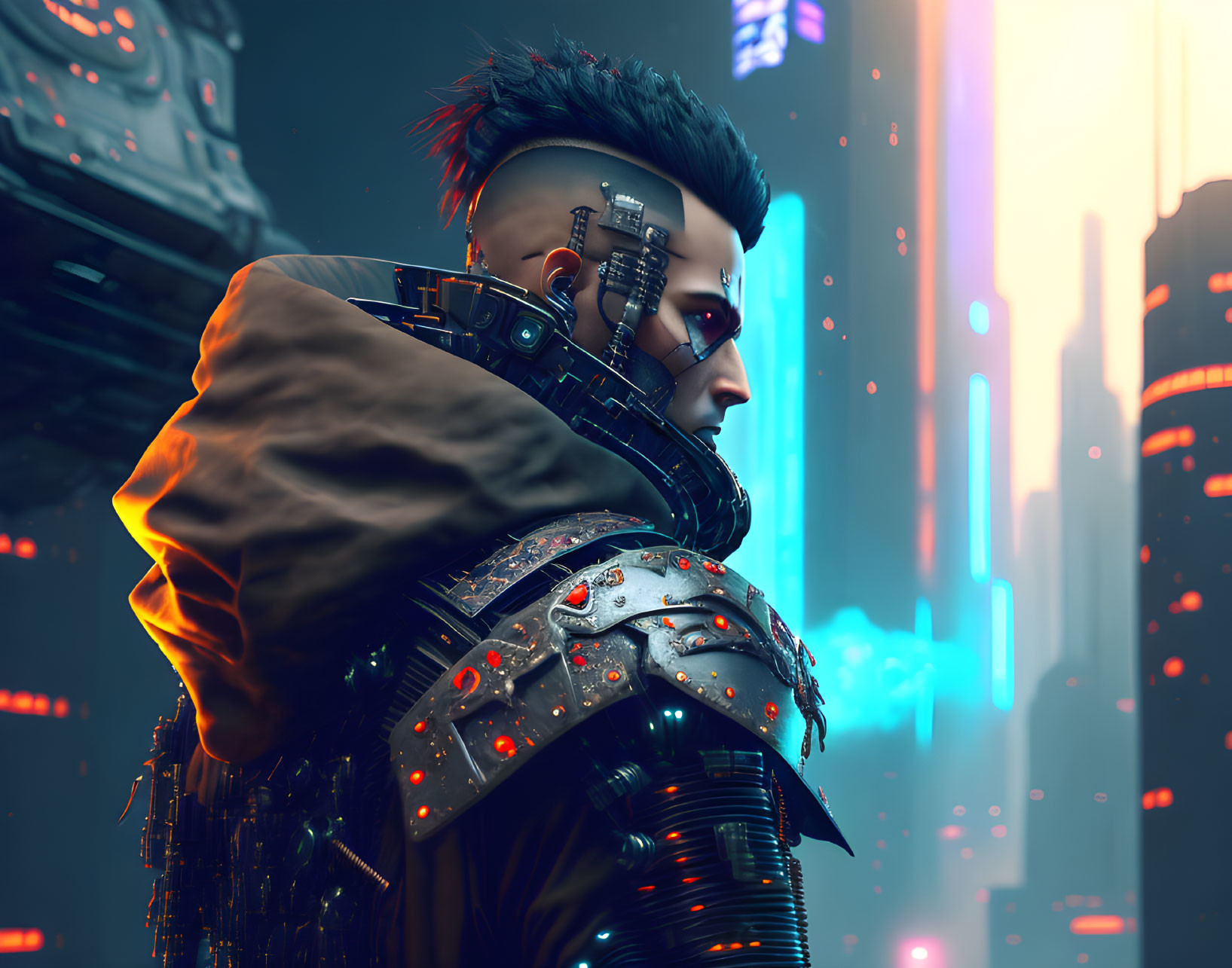 Cyberpunk character with mechanical neck brace in neon-lit cityscape