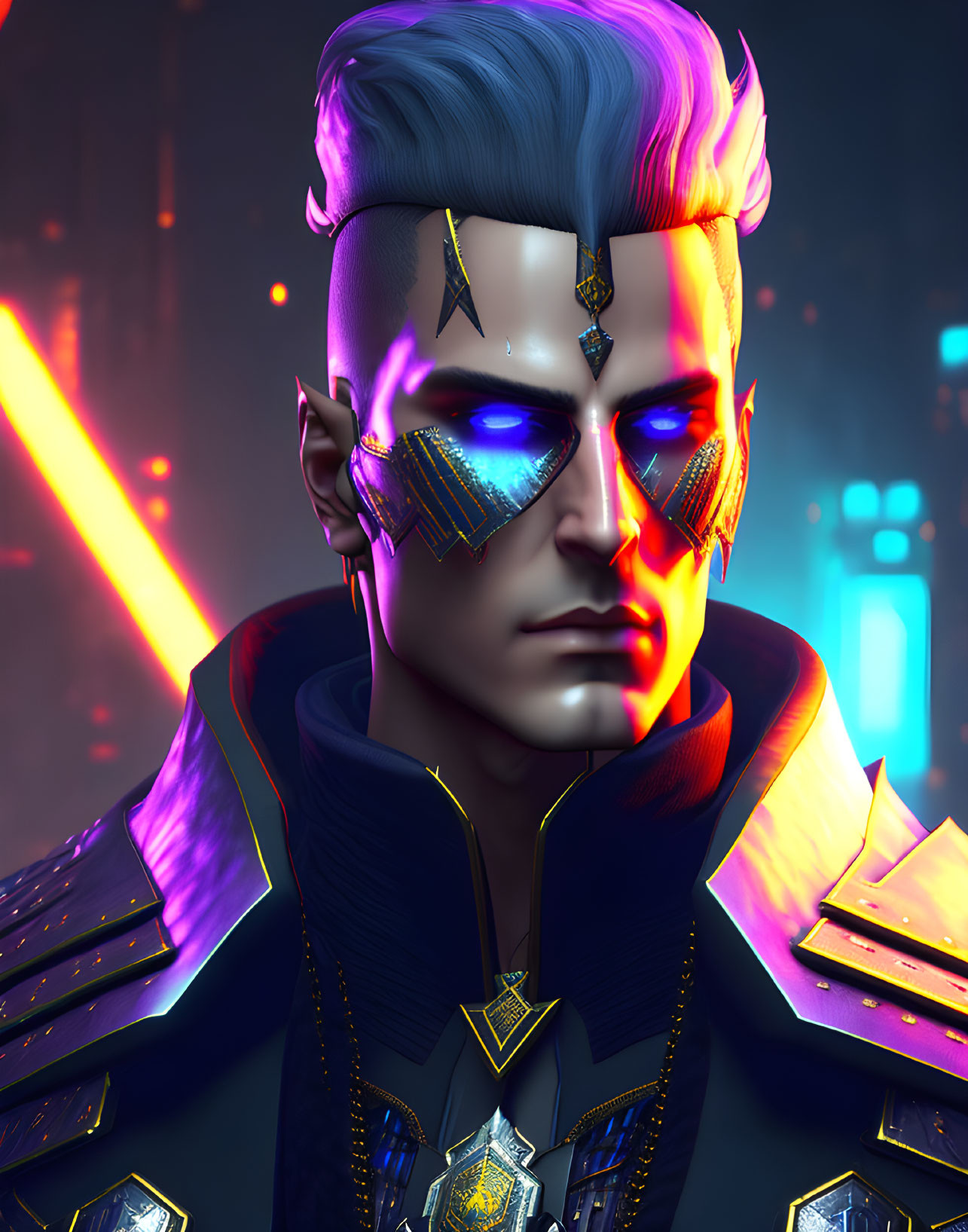 Stylized portrait of man with blue hair and neon face ornaments in futuristic setting