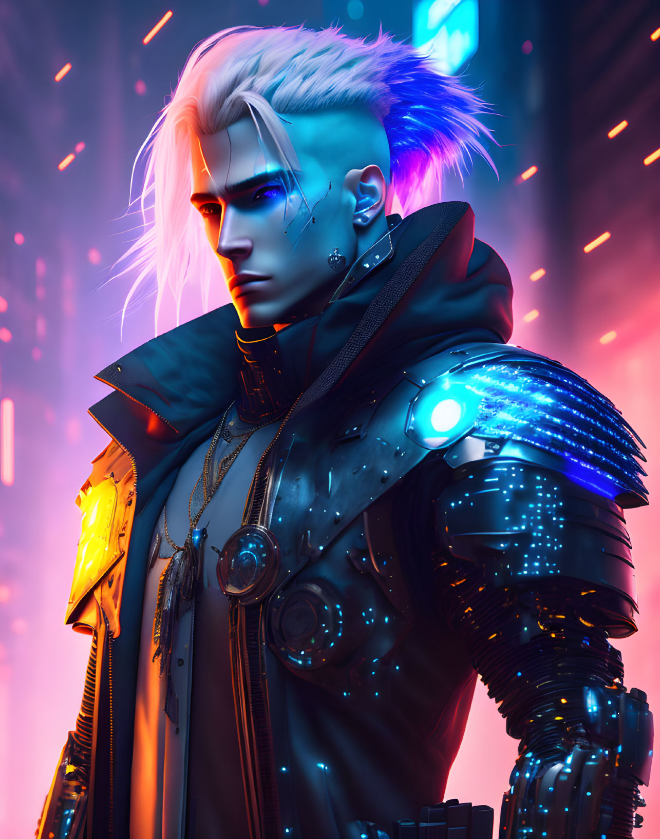 Futuristic male figure with white hair and cybernetic enhancements in neon-lit setting