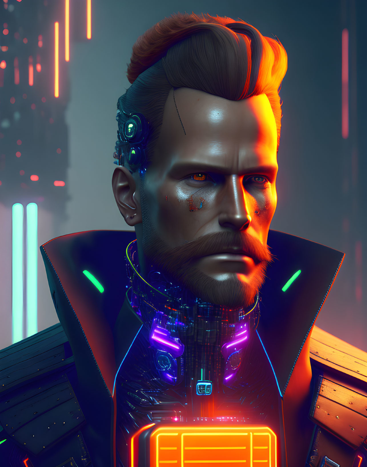 Futuristic male figure with cybernetic ear and glowing neon accents