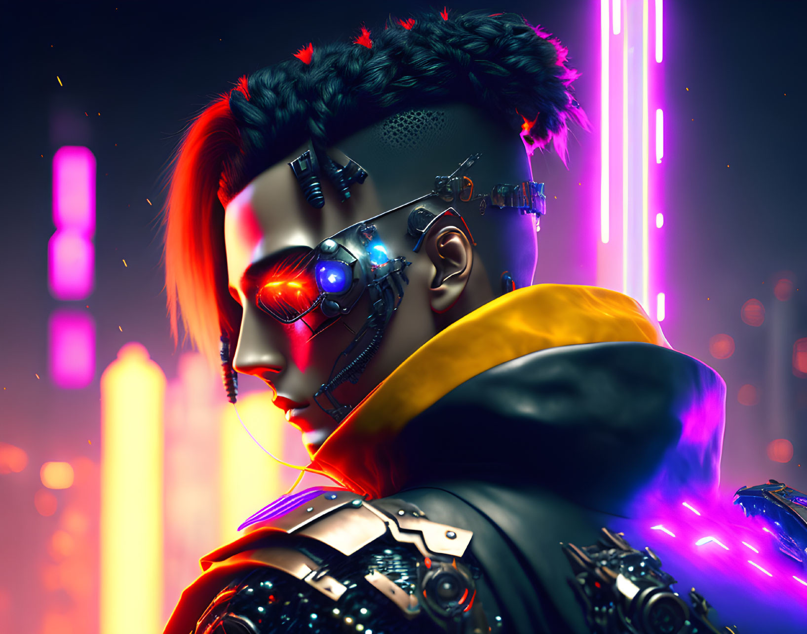 Futuristic cyberpunk portrait with neon lights and cityscape