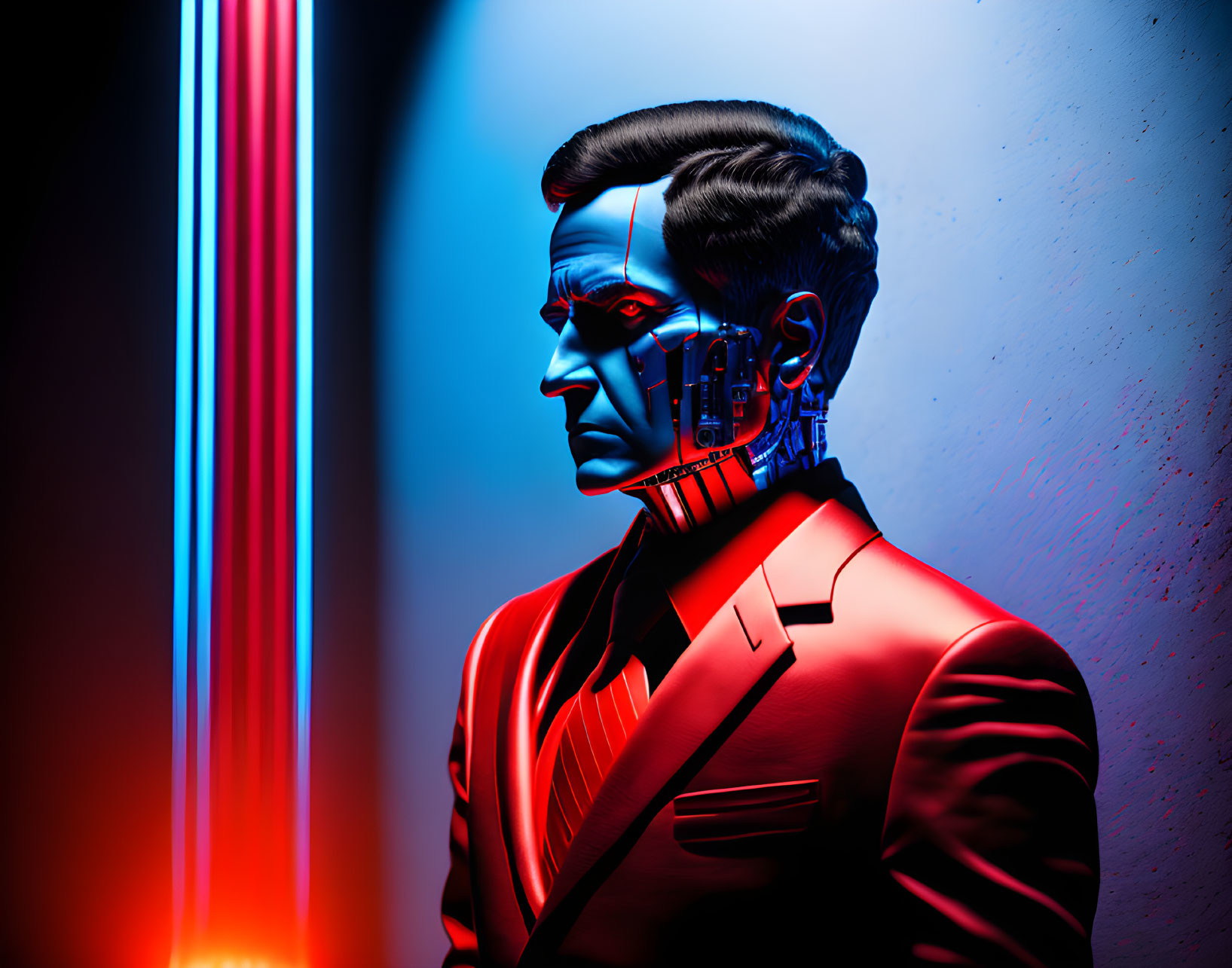 Stylized humanoid robot in suit with cybernetic face details