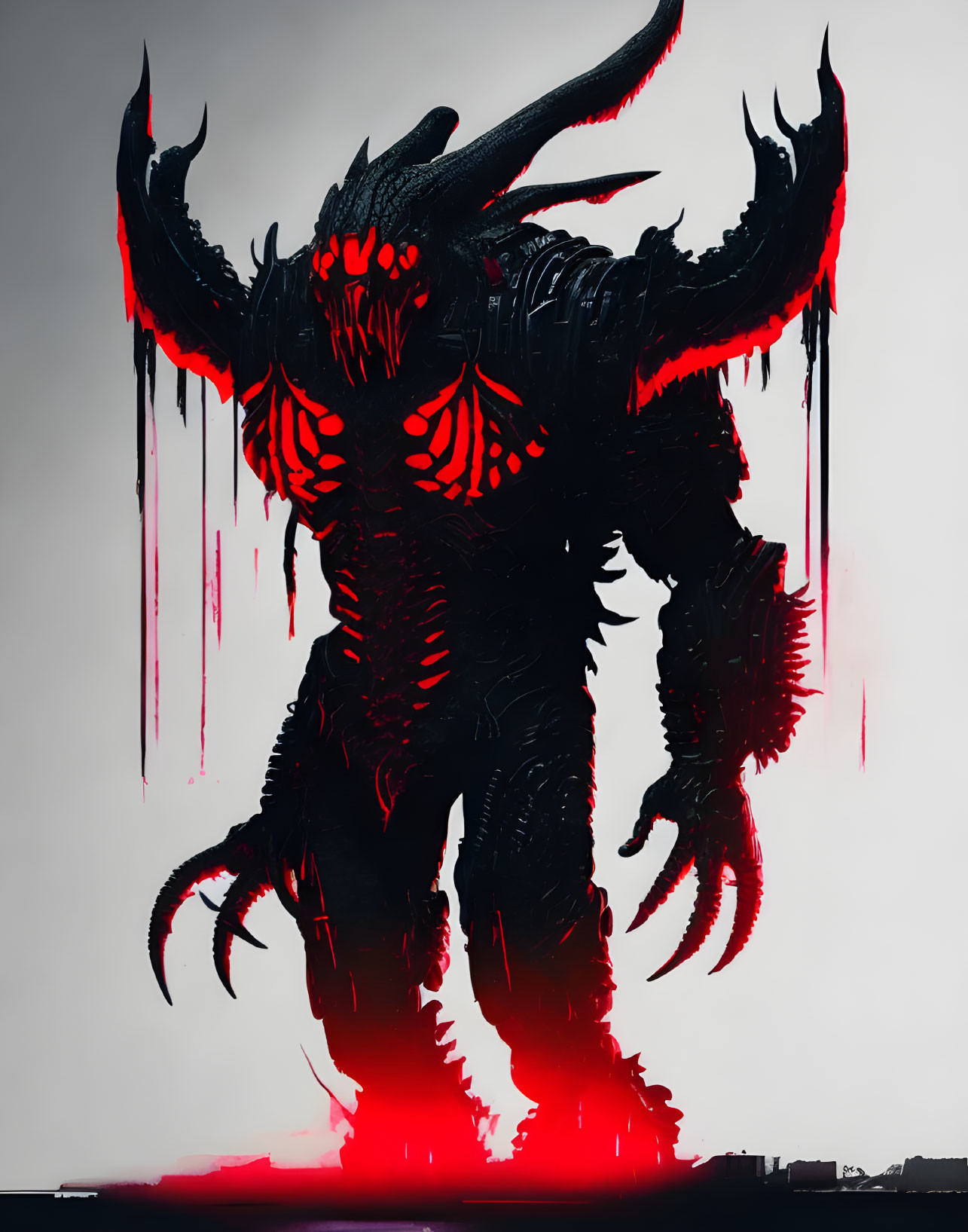 Glowing red demon with curved horns on stark background