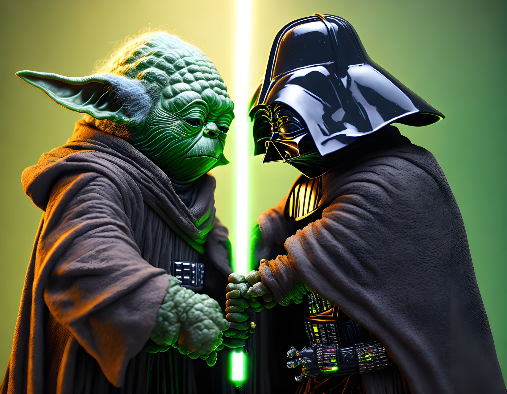 Sci-fi characters shaking hands with crossed lightsabers in the background.