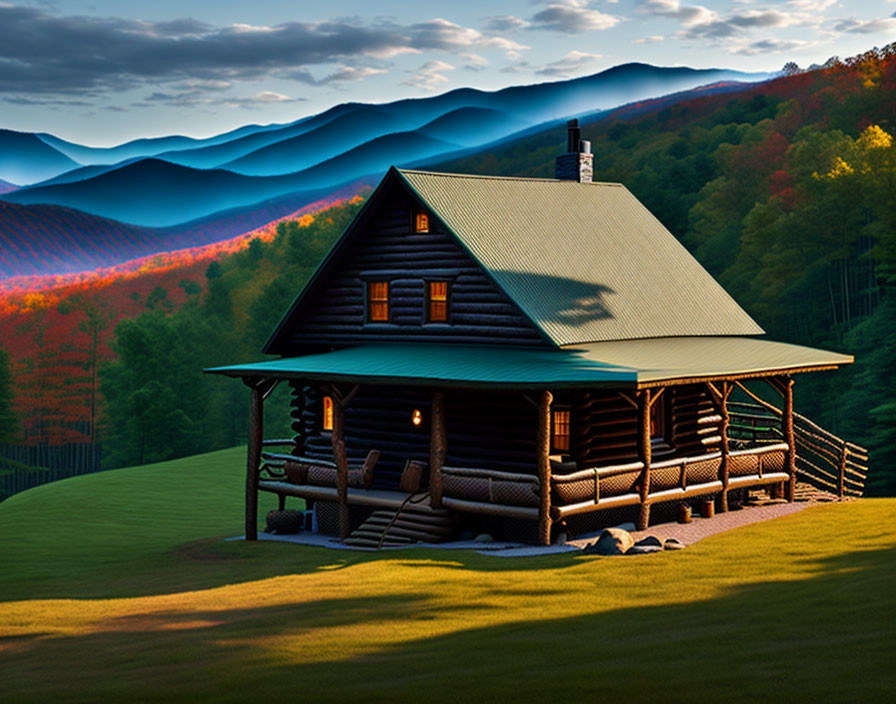 Rustic log cabin with green roof in autumn mountain setting