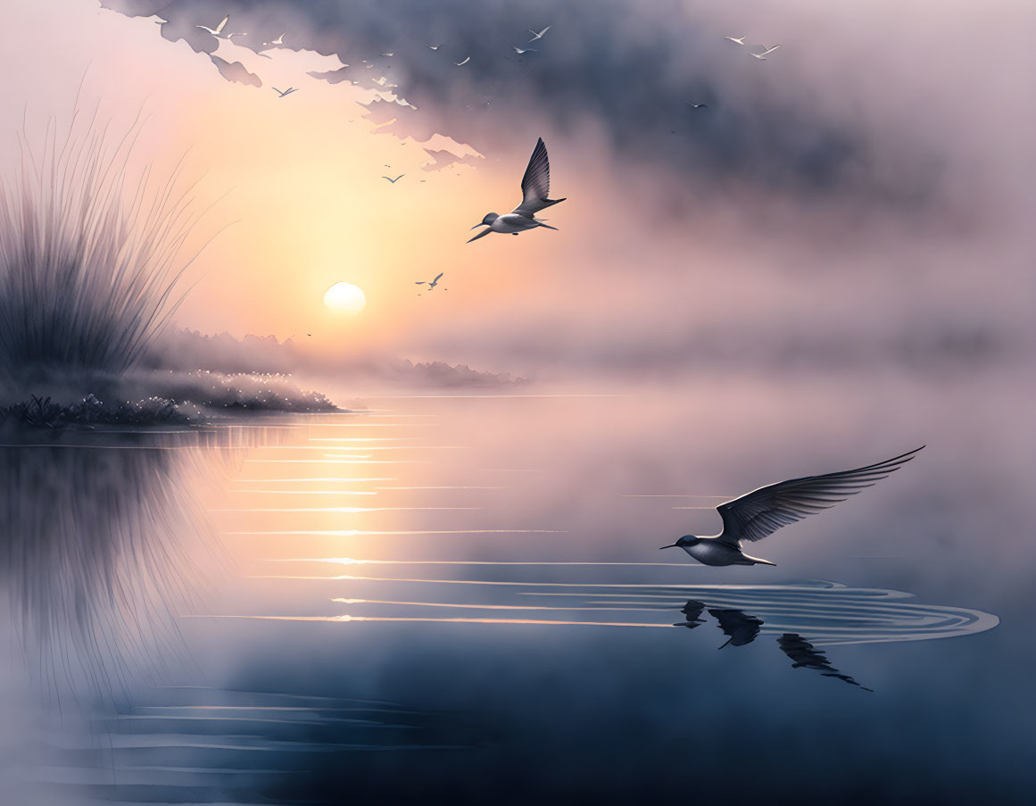 Tranquil sunrise scene at a misty lake with flying birds