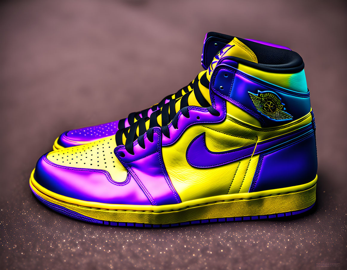 Purple-to-yellow gradient high-top sneaker with holographic accents on speckled background