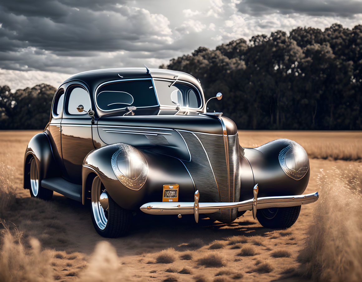 Vintage Black Car Parked in Field Under Cloudy Sky