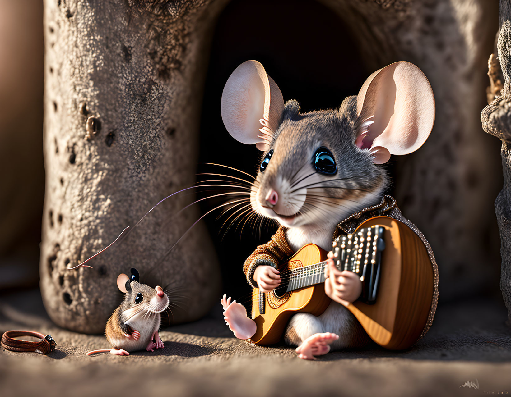 Anthropomorphic mouse playing guitar with smaller mouse in rocky setting