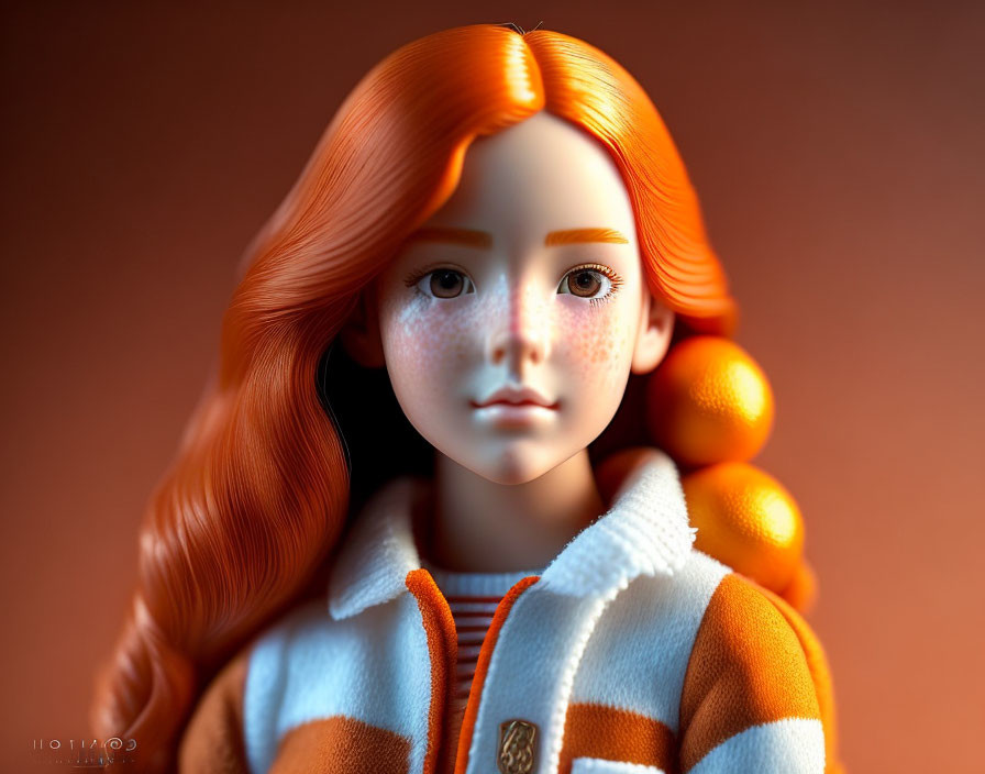 Orange-haired girl in 3D render with freckles and striped jacket