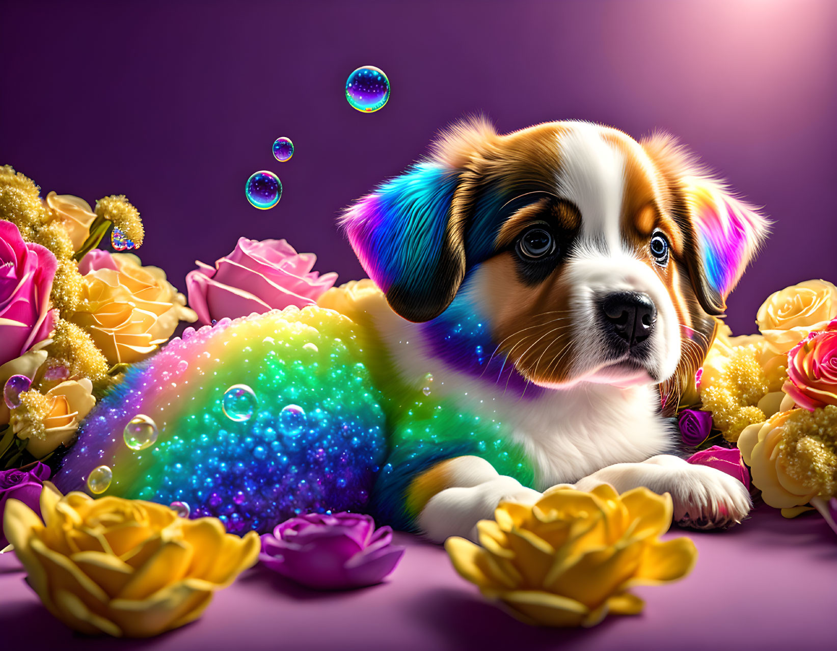 Vibrant puppy with flowers and bubbles on purple background