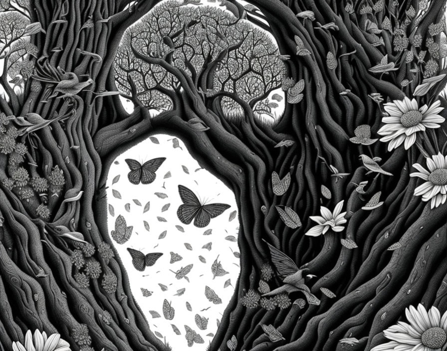 Interwoven tree archway with butterflies and flowers in monochrome illustration