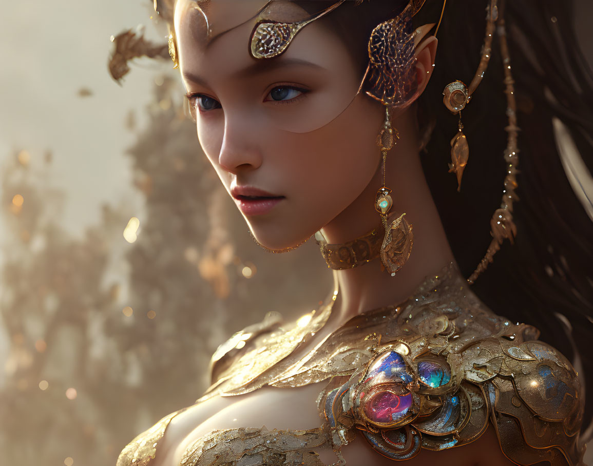 Elf-like female figure in golden leaf armor against soft golden background