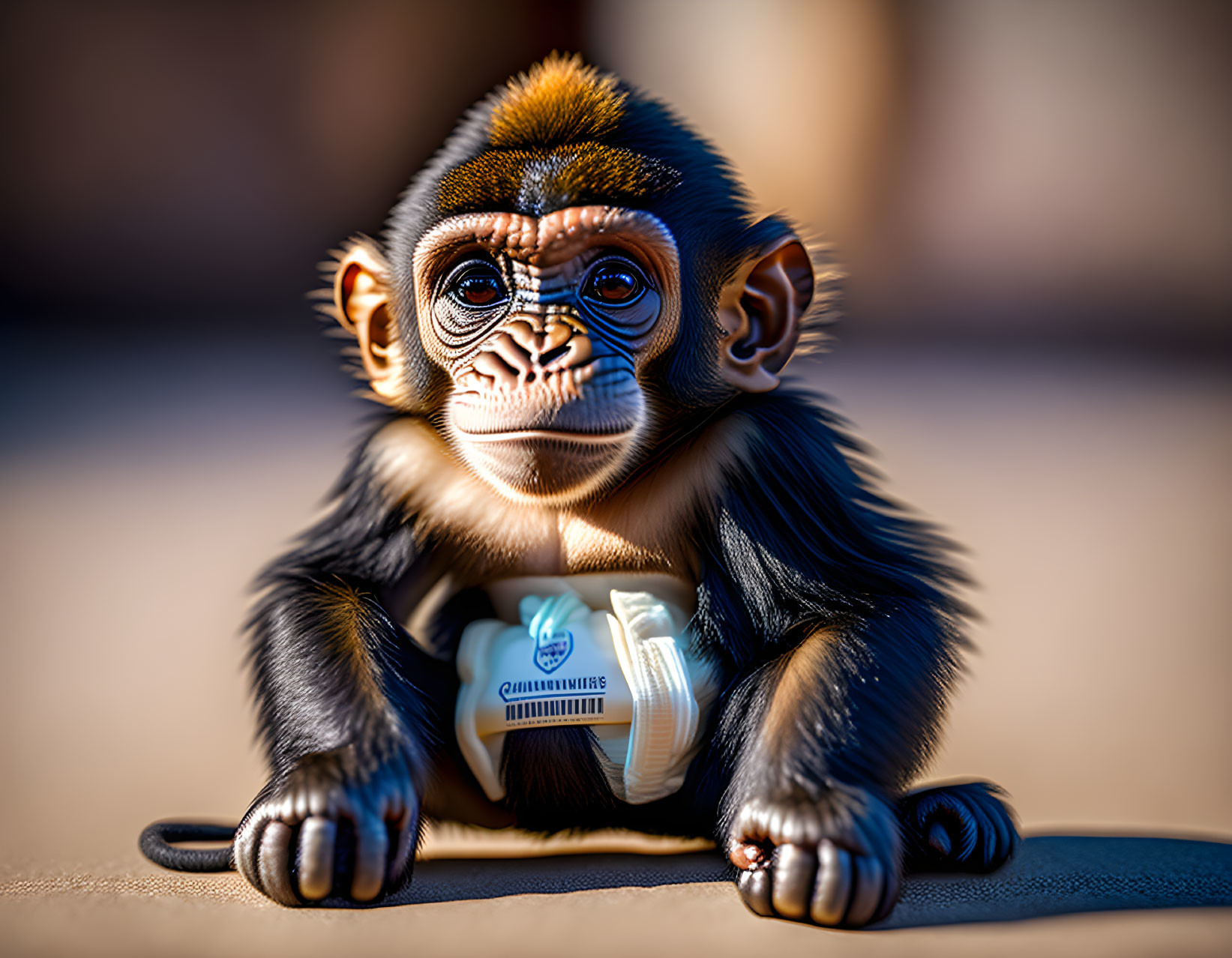 Baby monkey holding small container with thoughtful expression in blurry background