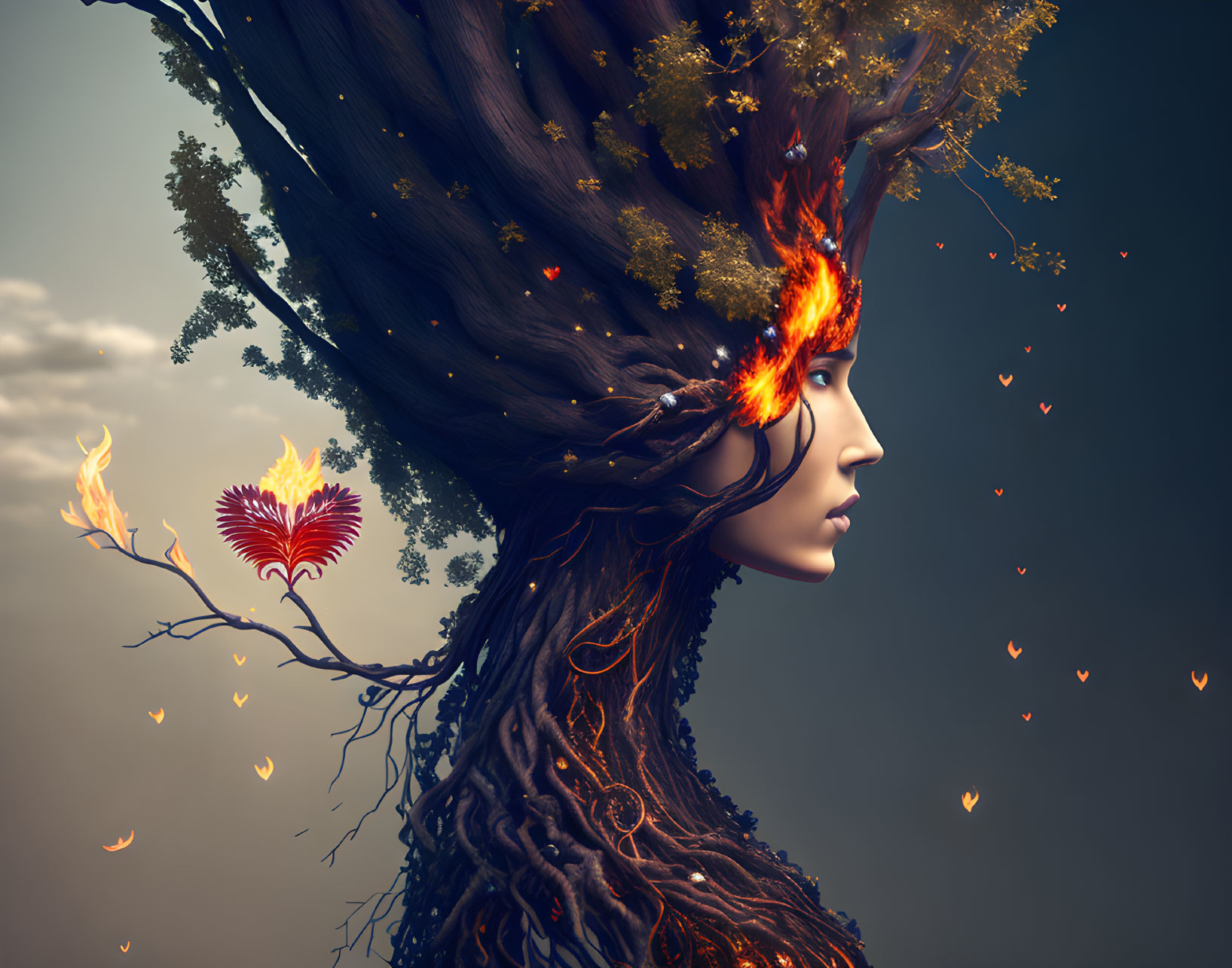 Surreal profile of a woman with tree hair, fiery branches, leaves, and butterflies