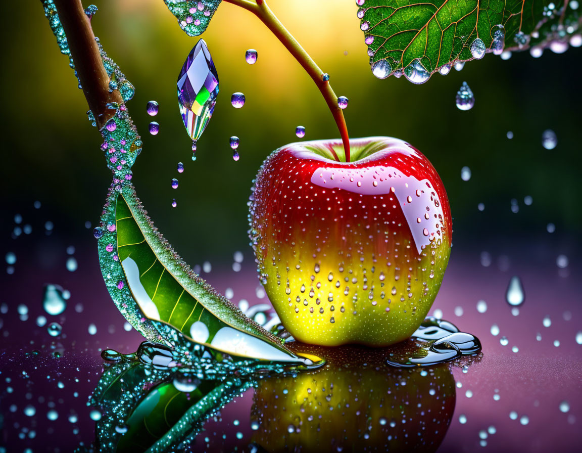 Dew-covered red apple on branch with water droplets and crystal pendant