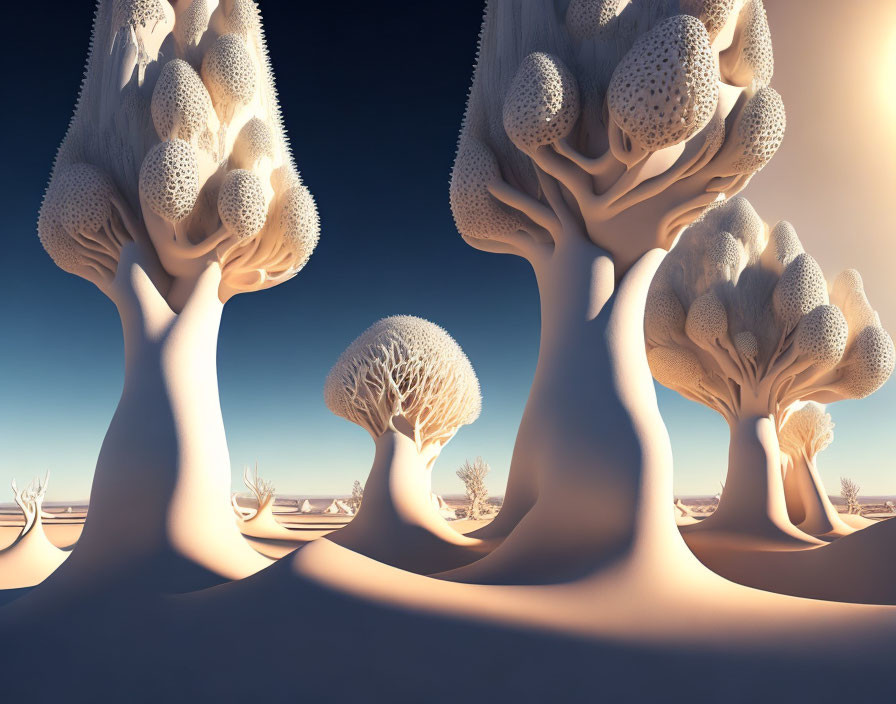 Surreal landscape featuring bulbous trees under clear sky