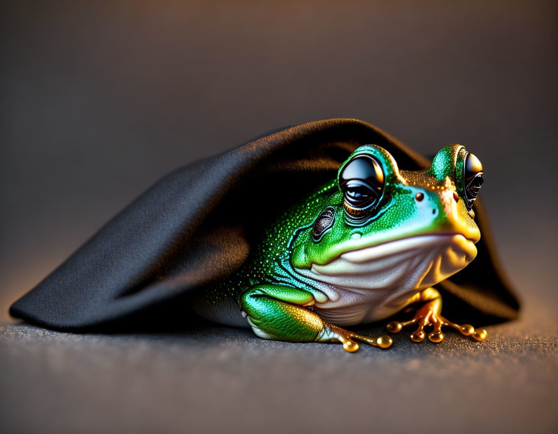 Green frog with glossy eyes under draped cloth on soft-focus background