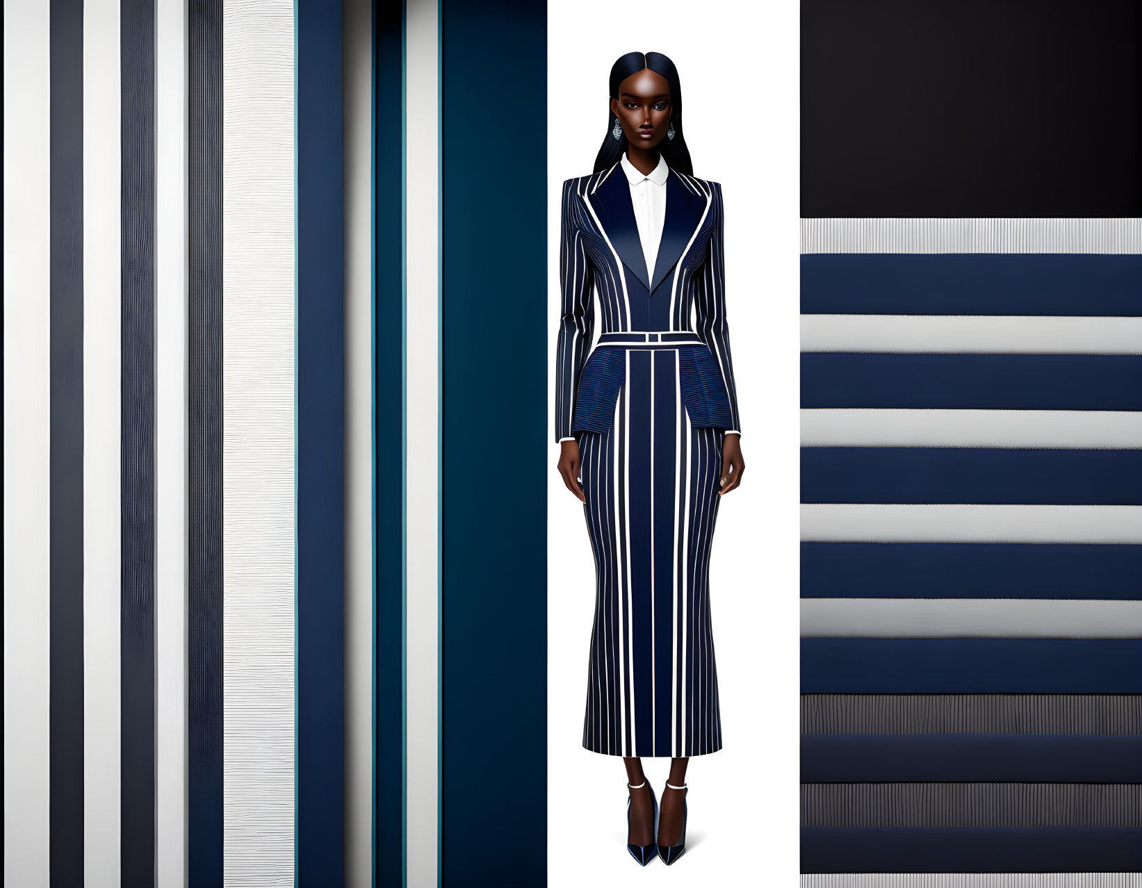 Stylish Woman in Navy & White Striped Suit on Geometric Background