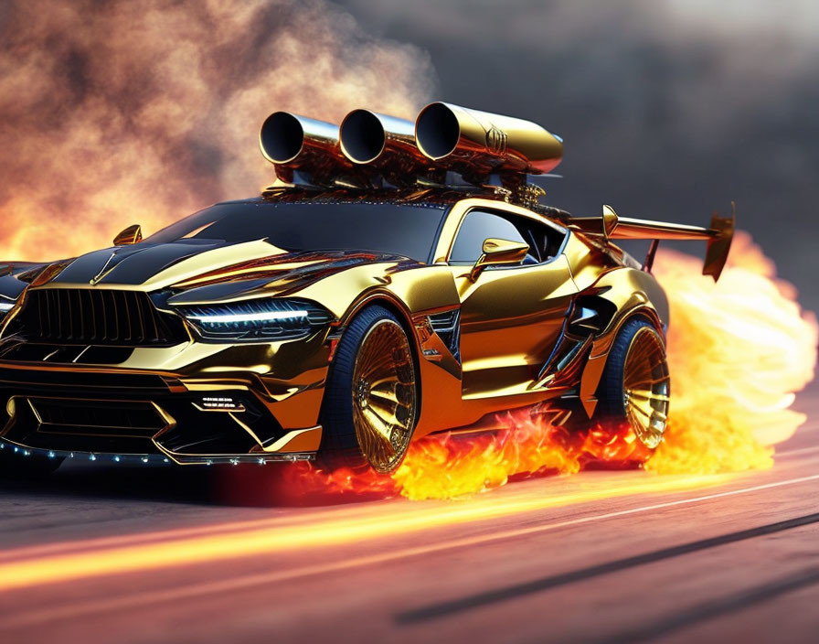 Golden muscle car with oversized exhausts shooting flames on track